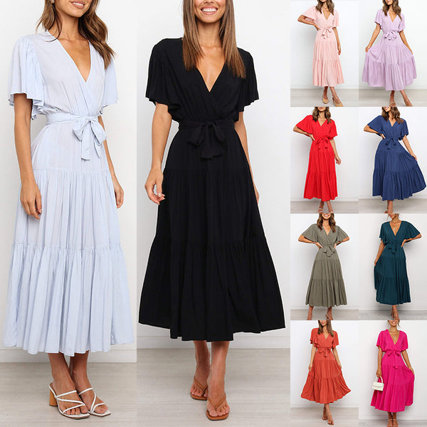 Women's Solid Color Dress Long Short Sleeve Lace Up V Neck Comfortable Dresses