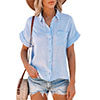 Women Solid Color Lapel Top Short Sleeve T-Shirt Blouse Casual Pullover Button