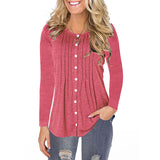 Women Long Sleeve Ruched Button Down Solid Color Tunic Top Ladies Crew Neck Casual Baggy T Shirt Blouse