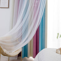 Double Layer Gradient Blackout + Sheer Curtains Starry Hollow-Out Stars Curtain Room Darkening Starry Curtain Eyelet Ring Top Window Drape for Kids Girls Children Bedroom Decor