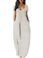 Women Solid Color Long Dress U Neck With Pockets Short Sleeve Comfortable Dress