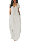 Women Solid Color Long Dress U Neck With Pockets Short Sleeve Comfortable Dress