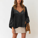 Women's Solid Color Puff Sleeve Tops Loose Casual T-Shirt Blouse Pullover Tunic