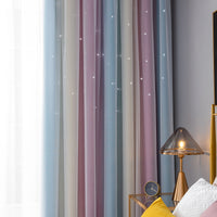 Double Layer Gradient Blackout + Sheer Curtains Starry Hollow-Out Stars Curtain Room Darkening Starry Curtain Eyelet Ring Top Window Drape for Kids Girls Children Bedroom Decor