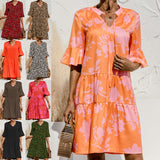 Ladies V-neck Flared Short Sleeves Cake Splicing Color Printed Casual Midi Dress