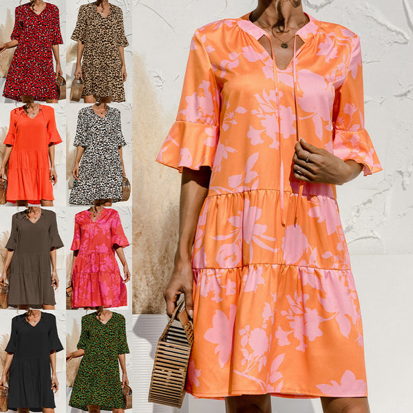 Ladies V-neck Flared Short Sleeves Cake Splicing Color Printed Casual Midi Dress