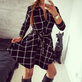 Women's Plaid Check V-Neck Long Sleeve A-Line Mini Dress Lace Up Casual Dresses