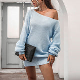 Women's Casual One Shoulder Knitted Mini Dress Puff Sleeve Short Sweater Dresses
