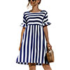 Women Fashion Skirt Striped Printed Short Sleeve Round Neck Casual Dress Ruffles
