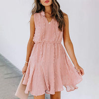 Women's Summer Chiffon Skirt Sleeveless Knee Length V Neck Dress Elastic Waist