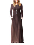 Women Tunic Waist Full Length Dress Solid Color Scoop Neck Slim Fit Long Sleeve