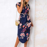 Women Casual Short Sleeve Midi Dress Ladies V-Neck Shirt Dress Sundress Lace Up