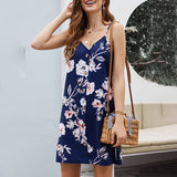 Women Sleeveless V Neck Dress Leopard Printed Splicing Casual Swing Dress Button