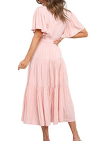 Women's Solid Color Dress Long Short Sleeve Lace Up V Neck Comfortable Dresses