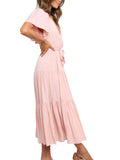 Women's Solid Color Dress Long Short Sleeve Lace Up V Neck Comfortable Dresses