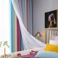 Double Layer Gradient Blackout + Sheer Curtains Starry Hollow-Out Stars Curtain Room Darkening Starry Curtain Eyelet Ring Top Window Drape for Kids Girls Children Bedroom Decor