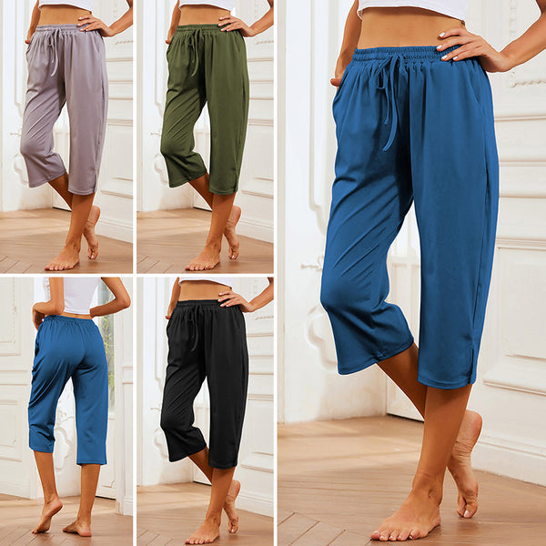 Women Solid Color Mid Waist Yoga Pants Casual Loose Sports Elastic Waist Cropped