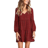 Womens Polka Dot Mini Dress Ruffled Long Sleeve V Neck Autumn A-line Loose Dress