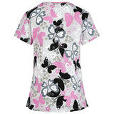 Women Floral Printed Short Sleeve Scrub Tops Loose Casual Pockets Workwear T Shirt