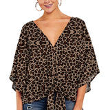 Women's Blouse Half Sleeve Printed Tie Cotton Top Beach Wear Deep V Neck Loose Shirt