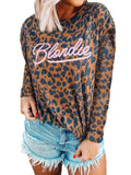 Women's Leopard Letter Print Sweater Long Sleeve Scoop Neck Tops Pullover Blouse