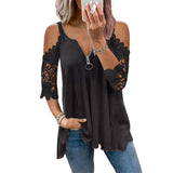 Women Solid Color Hollow Lace Sleeve Strappy Casual Tops T-Shirt Blouse Pullover