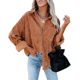 Women's Solid Color Lapel Long Corduroy Sleeve T-Shirt Pullover Blouse Tops Tee