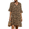 Ladies V-neck Flared Short Sleeves Cake Splicing Color Printed Casual Midi Dress