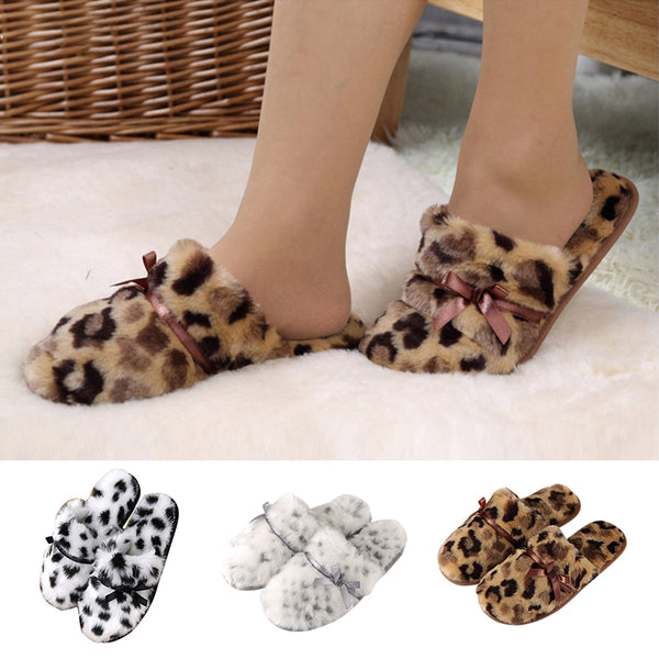 Women Leopard Print Winter Warm Plush Slippers Cozy Anti-Slip Indoor shoes SIZE