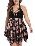 Women Plus Size Floral Swimdress Swimming Costumes Two Piece Swimwear Swimsuit for Ladies, Halterneck Bathing Suit Beachwear Push Up Padded Bra Backless Tummy Control