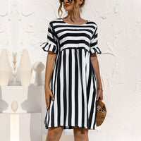 Women Fashion Skirt Striped Printed Short Sleeve Round Neck Casual Dress Ruffles