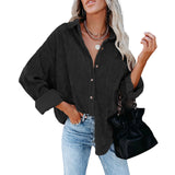 Women's Solid Color Lapel Long Corduroy Sleeve T-Shirt Pullover Blouse Tops Tee