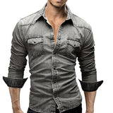 Men's Casual Long Sleeve Denim Shirt Tops Blouse Overshirts Button-Down Pockets