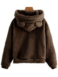 Ladies Rabbit Ear Fluffy Coat Fleece Hooded Solid Color Keep Warm Outwear Coat