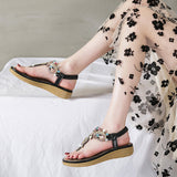 Women's Flat Sandals T-Strap Boho Style Rhinestone Flower Bead Summer Sandals