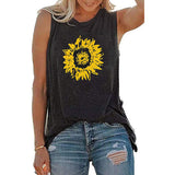 Women's Round Neck Sleeveless Loose Tank Sunflower Printed Pullover Hips Length