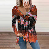 Womens Butterfly Print V Neck Zip T-shirt Long Sleeve Pullover Casual Loose Tops