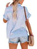 Women Lapel Top Short Sleeve Solid Color T-Shirt Blouse Casual Pullover Button