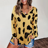 Women's Leopard Print V Neck Loose Fit Long Sleeve T Shirts Casual Comfort Tops