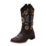 Ladies Sunflower Print Mid Calf Boots Slip On Daily Wear Chunky Heel Tall Boot