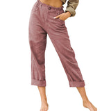 Women Ladies Solid Cotton Linen Pants Pocket Button Loose Ladies Casual Trousers