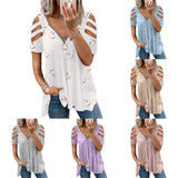 Women's Zipper V Neck Casual T-shirts Summer Hollow Short Sleeve Loose Fit Tops
