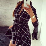 Women's Plaid Check V-Neck Long Sleeve A-Line Mini Dress Lace Up Casual Dresses