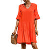 Ladies V-neck Flared Short Sleeves Cake Splicing Color Printed Casual Midi Dress