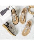 Women's Flat Sandals T-Strap Boho Style Rhinestone Flower Bead Summer Sandals