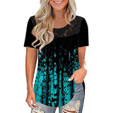 Women Lace Printing Crew-Neck Short Sleeve T-Shirt Casual Blouse Pullover