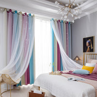 Double Layer Gradient Blackout + Sheer Curtains Starry Hollow-Out Stars Curtain Room Darkening Starry Curtain Eyelet Ring Top Window Drape for Kids Girls Children Bedroom Decor