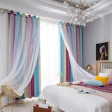 Double Layer Gradient Blackout + Sheer Curtains Starry Hollow-Out Stars Curtain Room Darkening Starry Curtain Eyelet Ring Top Window Drape for Kids Girls Children Bedroom Decor