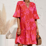 Ladies V-neck Flared Short Sleeves Cake Splicing Color Printed Casual Midi Dress