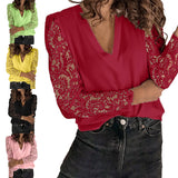 Womens V-Neck Lace Stitching Long Sleeve Casual Pullover Tops Blouse Basic Shirt